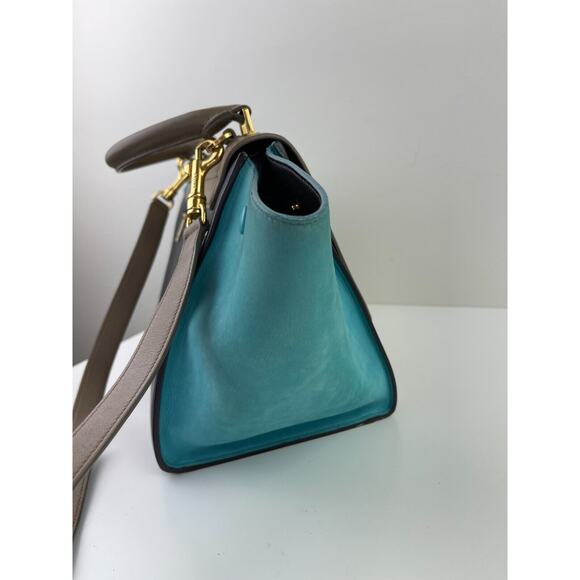 CELINE Trapeze Black Turquoise Teal Taupe Tricolor Leather 2 Handle Strap ITALY - Picture 10 of 16